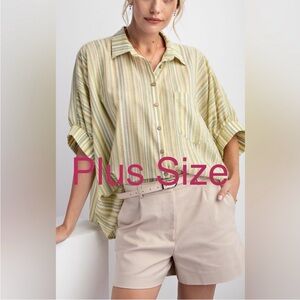 EASEL PLUS SIZE-SHORT SLVS STRIPED BUTTON DOWN OVERSIZED SHIRT with POCKET
